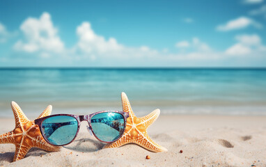 Close up de estrellas de mar y gafas de sol sobre la arena de una paradisiaca playa tropical. Concepto viaje.  - obrazy, fototapety, plakaty