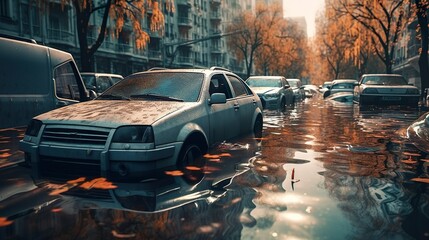 Cars submerged in flood water in the city made with Ai generative technology - obrazy, fototapety, plakaty