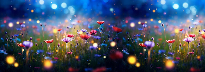 Banner Wild flower field in the night magical lights. Summer meadow. Fantastical fantasy background...