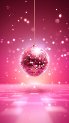 rosa pink Discokugel mit Lichtern und Lichteffekten und mit Platz f&uuml;r Text. Hochkant. Hochformat. Generative Ai.