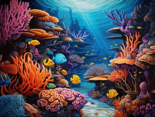 Colorful illustration capturing the vibrant undersea world of a coral reef, teeming with diverse fish life and a spectrum of colors, bringing the beauty of the marine ecosystem to life.
