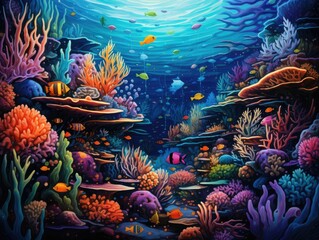 Obraz na płótnie Canvas Colorful illustration capturing the vibrant undersea world of a coral reef, teeming with diverse fish life and a spectrum of colors, bringing the beauty of the marine ecosystem to life.