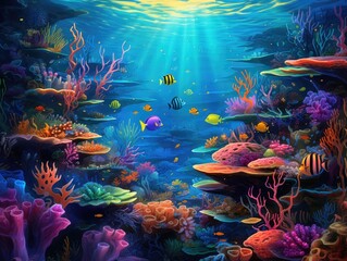Fototapeta na wymiar Colorful illustration capturing the vibrant undersea world of a coral reef, teeming with diverse fish life and a spectrum of colors, bringing the beauty of the marine ecosystem to life.