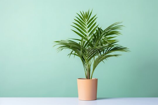 Healthy green Kentia palm growing in flowerpot over a green background