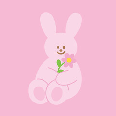 Pink bunny rabbit with flower for brand logo, cute sticker, cartoon character, mascot, comic, name tag, shirt print, pet icon, animal element, social media post, ads, background, wallpaper, banner