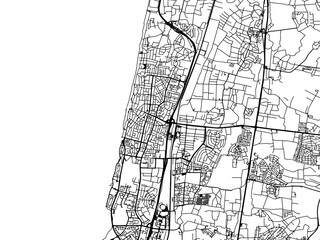 Vector road map of the city of Netanya in Israel with black roads on a white background.