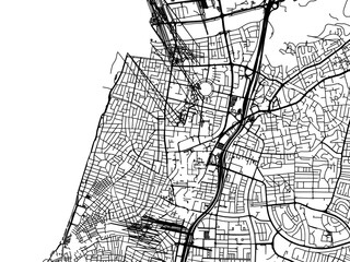 Vector road map of the city of Tel Aviv Center in Israel with black roads on a white background. - obrazy, fototapety, plakaty