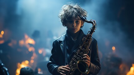 Boy playing on a saxophone on a stage with lamps. - obrazy, fototapety, plakaty