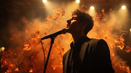 Man singing on stage into a microphone with light and smoke behind.
