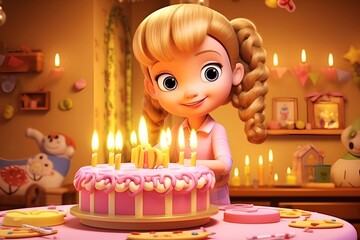 cute cartoon little blonde girl in pink clothes with a birthday cake and a candle