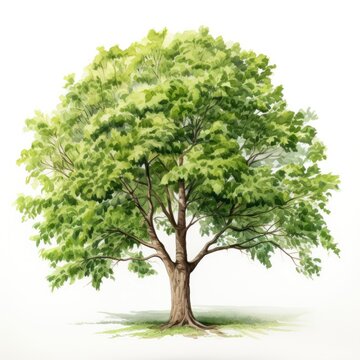 Lush Walnut Tree Watercolor Illustration Isolated on White Background