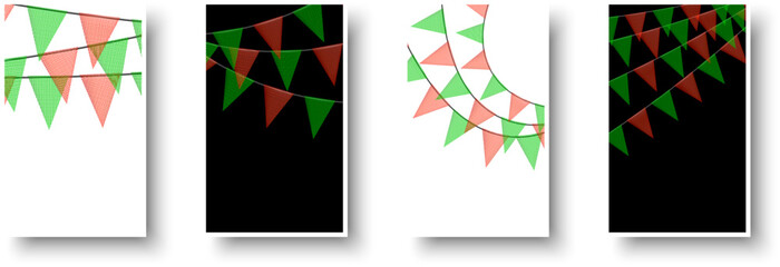Red and green new year bunting garlands with flags made of shredded pieces of fabric. Decorative multicolored party pennants for festival, party celebration.