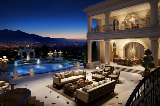 An elevated perspective captures the grandeur of a sprawling opulent estate nestled in the picturesque hills of Los Angeles.