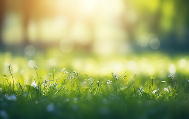 Hermoso campo de pradera con hierba fresca y flores  en la naturaleza. Paisaje natural perfecto de primavera de verano.