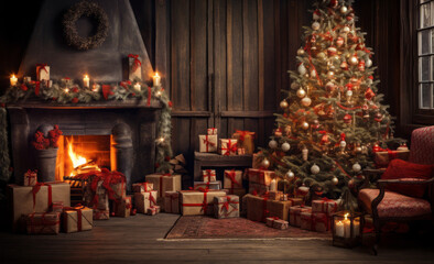Obraz na płótnie Canvas A Festive Living Room with a Sparkling Christmas Tree and Colorful Presents
