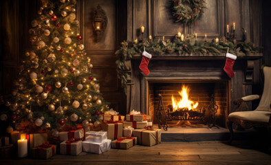 Fototapeta na wymiar A Cozy Christmas Scene: Living Room with Christmas Tree and Fireplace