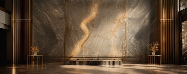 An image of a grand interior featuring a gold marble wall with a luxurious texture pattern, creating a sense of sophistication and refinement.