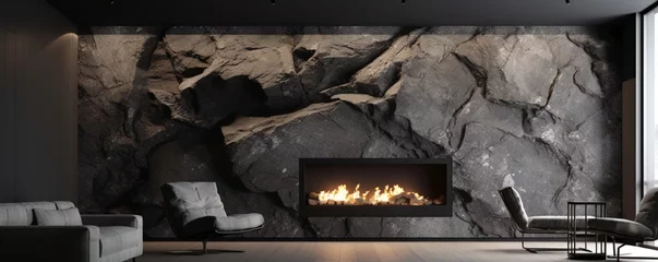 Tuinposter An image of a modern interior design featuring a black abstract lava stone texture background, creating a bold and contemporary atmosphere. © ZUBI CREATIONS