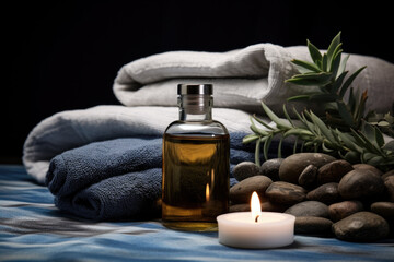 Obraz na płótnie Canvas Spa composition with Canadian Balsam essential oil, towels and candle