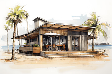 Watercolor sketch and lines of the exterior of a coffee shop building on the beach - obrazy, fototapety, plakaty