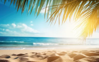 Foto op Plexiglas Hermosa imagen de fondo de la playa tropical. Brillante sol de verano sobre el océano. Cielo azul con nubes claras, océano turquesa con olas , palmeras y arena blanca . Armonía de un ambiente limpio © Carmen Martín J.