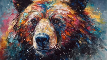 Colourful painting of a grizzly bears head.