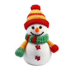 A jolly snowman with a carrot nose, wearing a colorful, knitted Christmas hat. on transparent background.