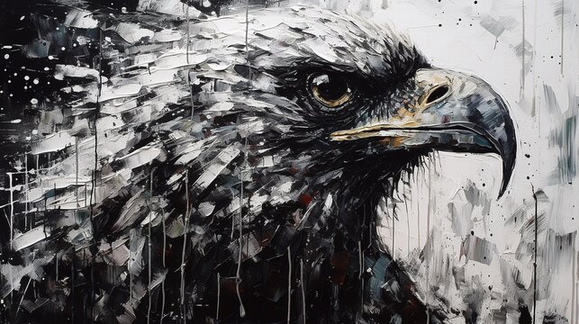 Black and white painting of a hawks head.