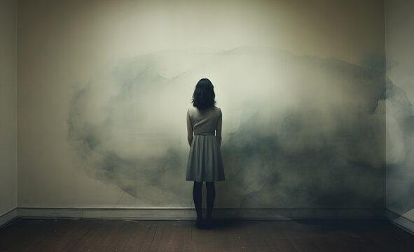 Surreal photo of a depressed woman standing, facing wall in a desolate state of mind with surreal surroundings expressing desperation.