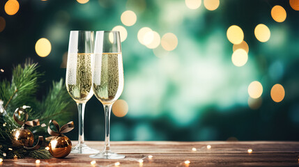 Elegant glasses with champagne or Prosecco sparkling wine on dark green background with Christmas lights golden bokeh - obrazy, fototapety, plakaty