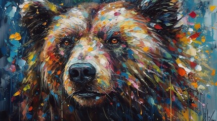 Colourful painting of a grizzly bears head. - obrazy, fototapety, plakaty