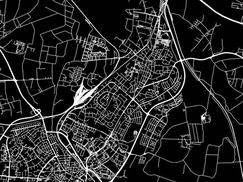 Vector road map of the city of Lod in Israel with white roads on a black background.