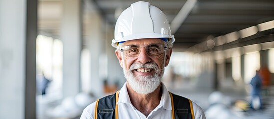 In a bright white background an old man wearing a hard hat stands isolated smiling happily at the camera with a construction site as the backdrop representing the concept of work and busines - obrazy, fototapety, plakaty