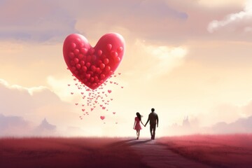 Romantic Couple Walking Towards a Heart-Shaped Balloon at Sunset