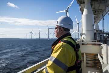 Safety-Conscious Offshore Wind Farm Worker Overlooking Sea of Turbines - obrazy, fototapety, plakaty