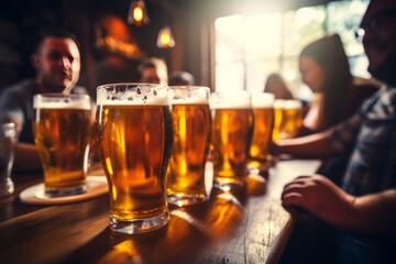 Fototapeta na wymiar Joyful Friends Celebrating with Beers at a Cozy Pub