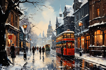 Winter Cityscape with Vintage Tram and Snowy Streets - 678273245
