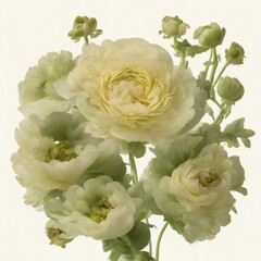 a bouquet of pink and green Ranunculus flowers on a white background