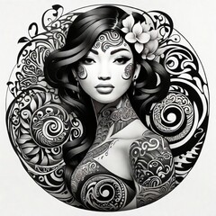 Seductive tattooed girl in minimalist style - obrazy, fototapety, plakaty