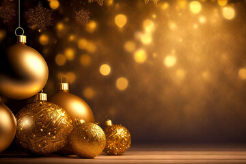 golden Christmas lights with ornaments, Christmas decoration with copy space