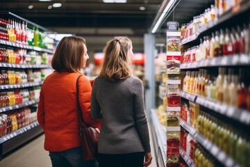 Two adult women comparing products in market