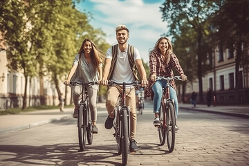 Three young people friends with their bicycles ride on city street