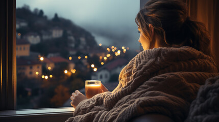 Wide horizontal photo of a cute lady drinking a coffee near a window in winter background with...