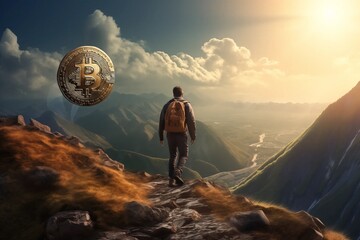 Man heading to mountain top where there is a Bitcoin on top