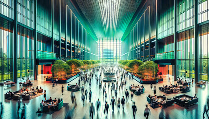 Bustling lobby of a high-powered business, spacious and modern with a dynamic atmosphere.Generative AI