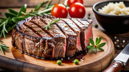 scene a sizzling beef steak succulent beef steak is beautifully plated with a sprinkle of fresh herbs, showcasing its juicy, medium-rare perfection, juicy texture and rich marbling of the meat