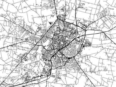 Vector road map of the city of Radom in Poland with black roads on a white background.