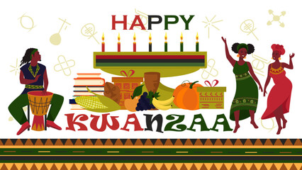 Kwanzaa Festival. Christmas. African American women dance and a man plays the drum. The symbol of the holiday is seven candles. First harvest, gifts, books.