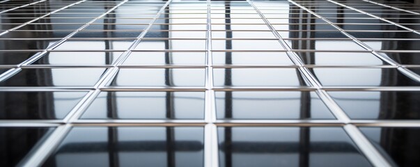 An up-close view of a tiled floor with a symmetrical grid line pattern, showcasing the glossy and reflective surface, perfect for showcasing home decor products.
