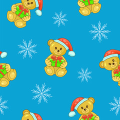 Obraz na płótnie Canvas Funny light brown cartoon bear with a contour in a red cap with a green gift box on a blue background with snowflakes. Seamless pattern. New Year and Christmas. Print on fabric. Vector illustration.